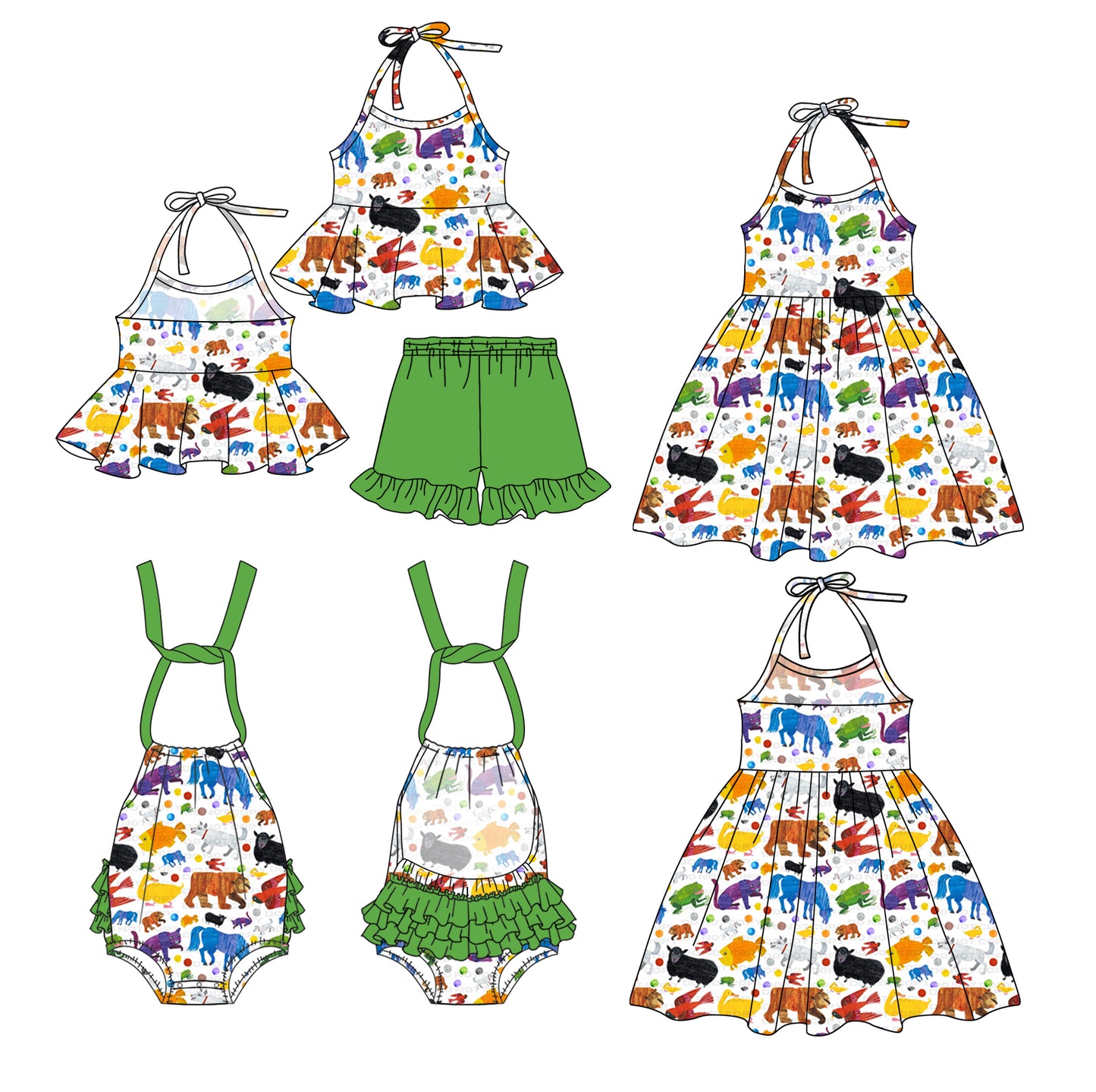 2.27 custom each style moq 5eta 4-6week Sibling Sister animal baby girl short sleeve shorts sets and sets 2 and boy romper and dress match design