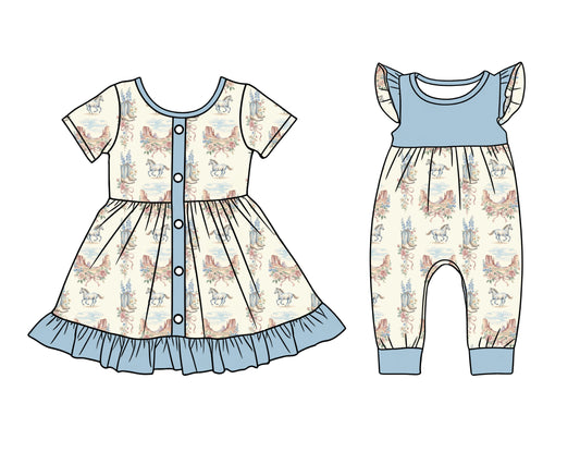 26.1.22 custom each style moq 5 eta 6-8week Sibling Sister horse floral baby short sleeve romper and dress match design