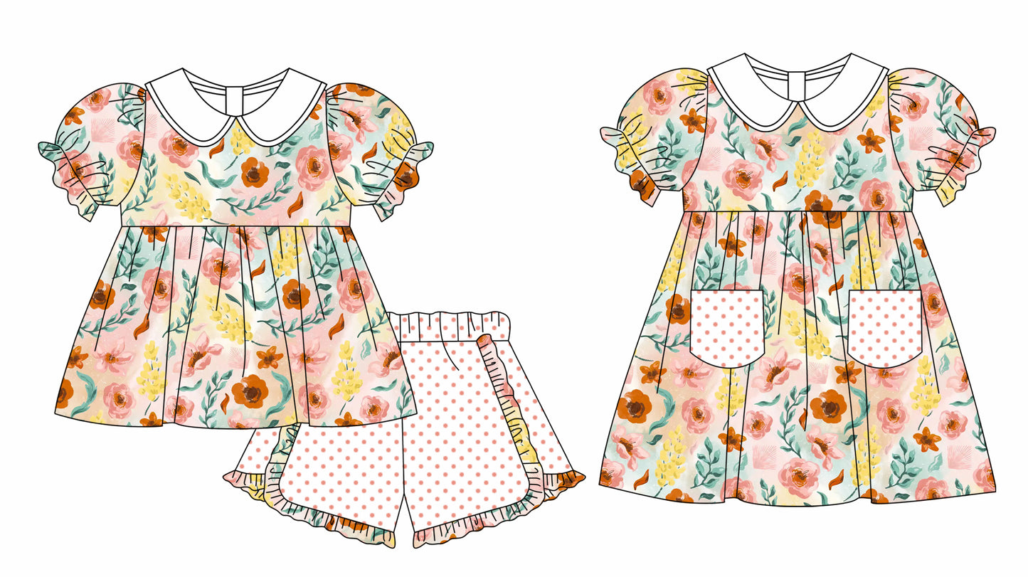11.3 custom each style moq 5eta 4-6week Sibling Sister floral baby girl short sleeve shorts sets and briefs sets and dresses match design
