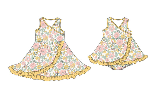 25.10.11 custom each style moq 5 eta 6-8week Sibling Sisters floral baby girl short sleeve dress and romper match family design