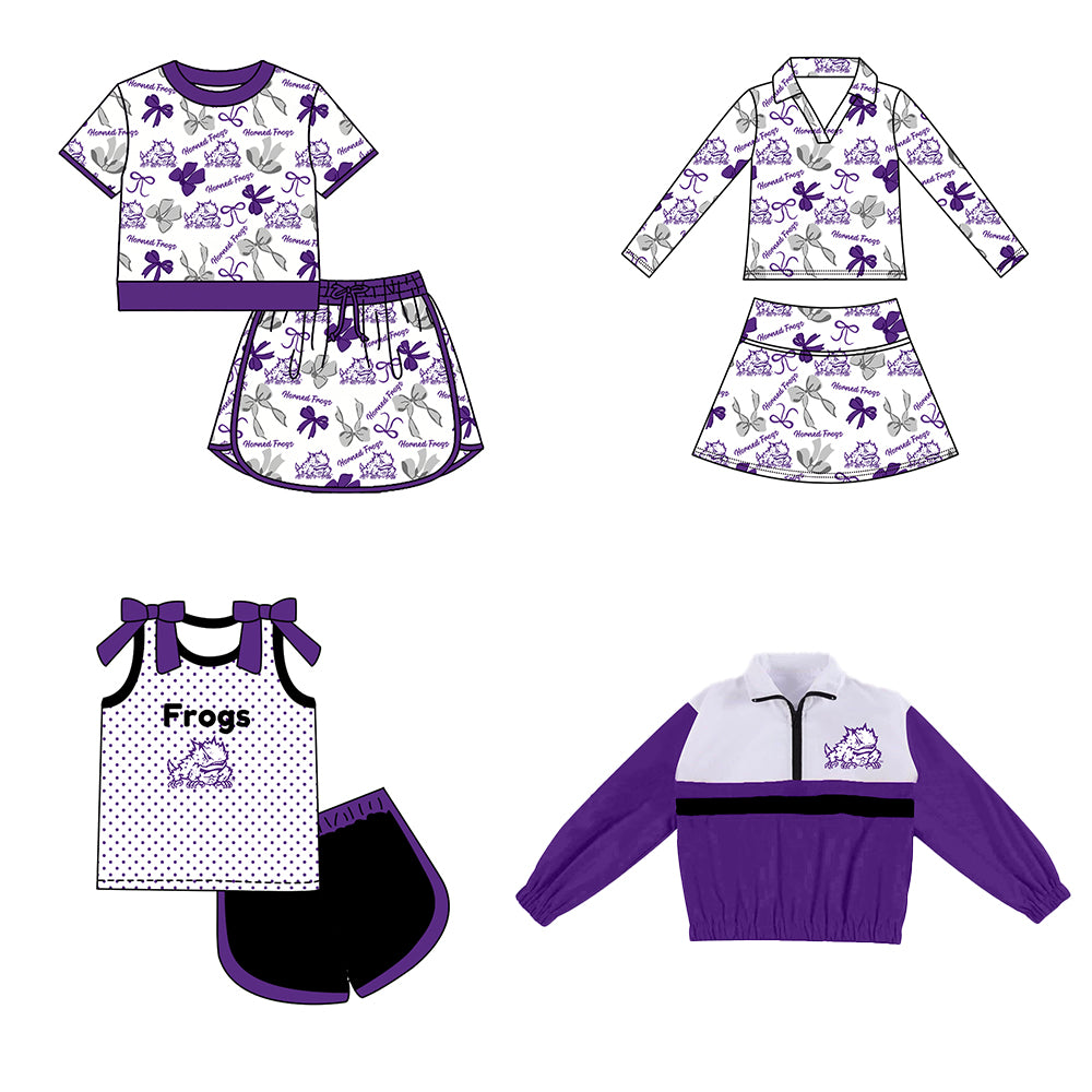 Custom moq 5 mix size milk silk summer teams Girls Purple Polka Dot Sleeveless Top Shorts Set Top Skirt Short Set Long Sleeve Pullover Tops