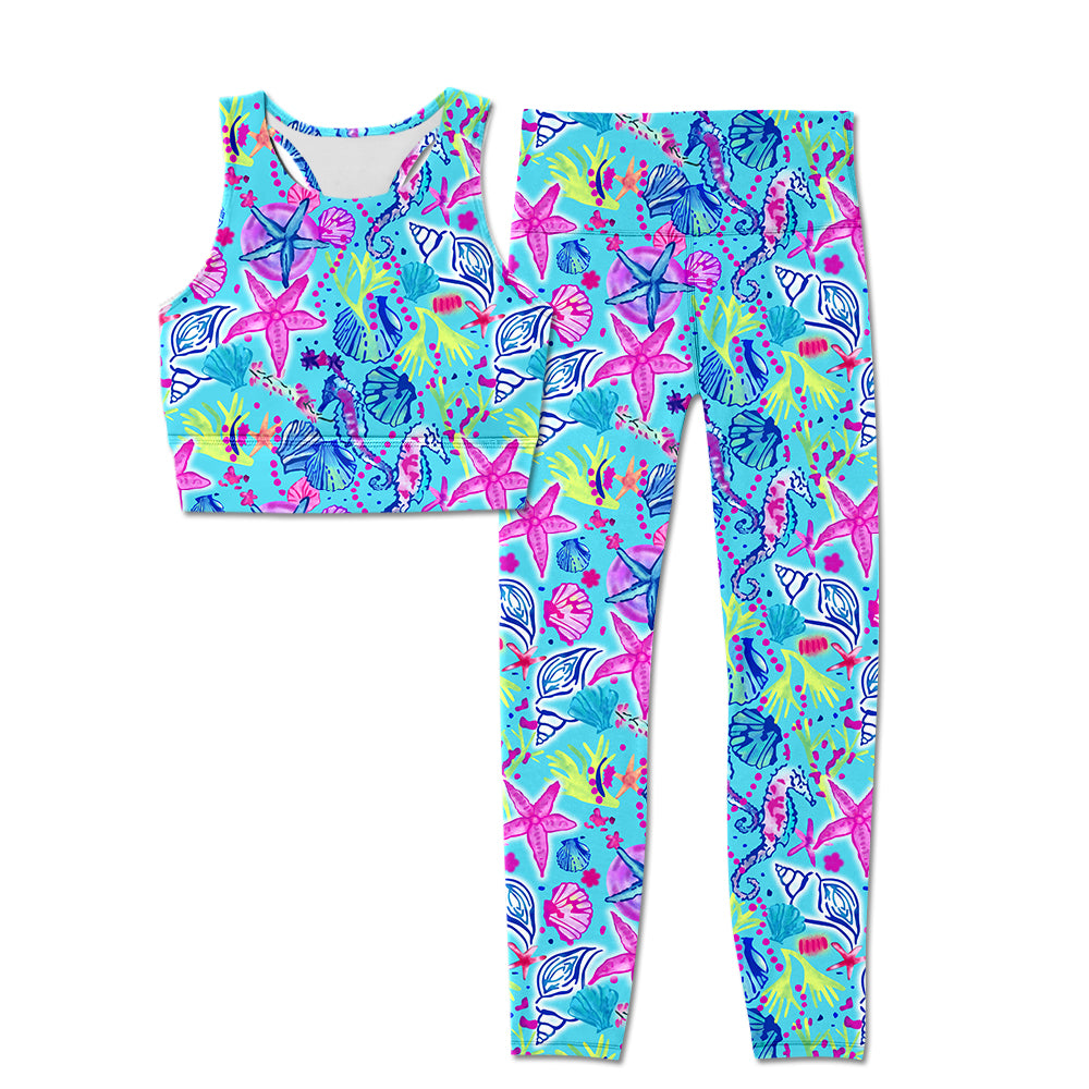 7.2 custom each style moq 5eta 4-6week Sibling Sister starfish blue Yoga Clothes baby girls clothes sets and adult pants sets