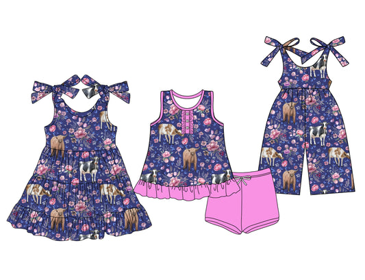 3.13 custom each style moq 5eta 4-6week Sibling Sister floral cow baby girl short sleeve shorts sets and dresses and jumpsuit match design