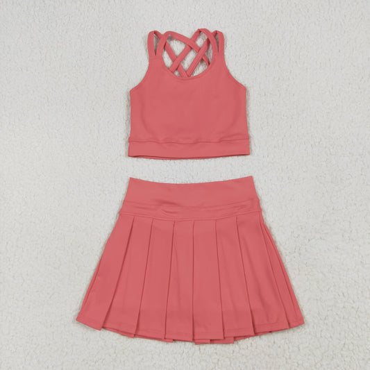 RTS NO MOQ GT1004+GLK0080 Pure coral red camisole yoga top skirt sets