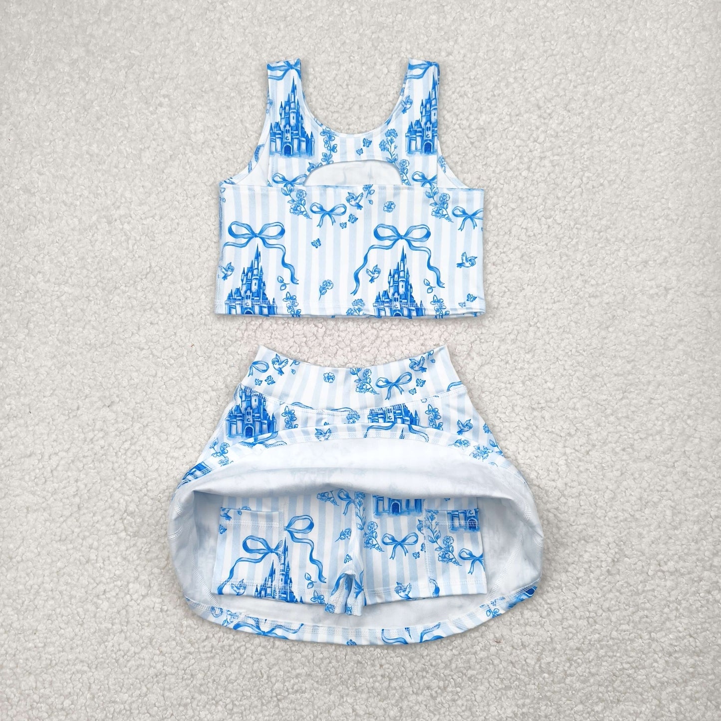 RTS NO MOQ（In Stock) Bow pattern castle blue striped vest pants skirt yoga suit