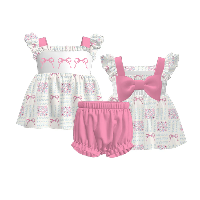 Custom moq 5 each style eta 6-7weeks baby girls summer bow pink short sleeve shorts sets