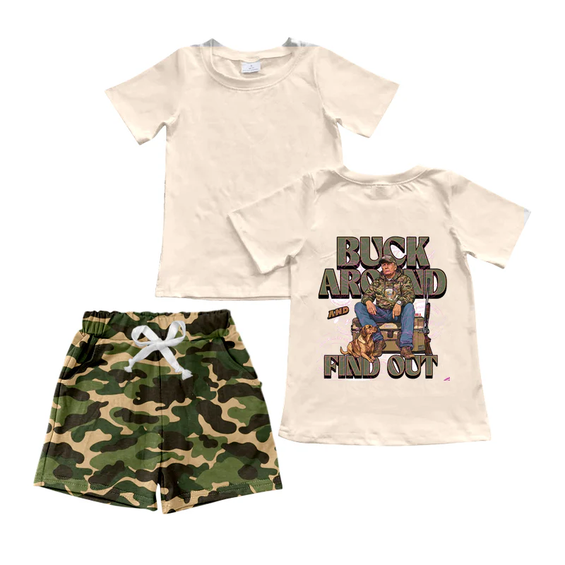 Deadline November 30 custom no moq eta 6-8weeks Baby Boys Military Letter Print Beige Short Sleeve Top Camouflage Shorts Set