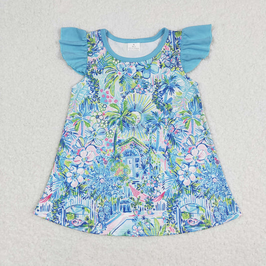 rts no moq GT0562 Flower pattern blue flying sleeve top