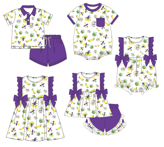 Custom moq 5 each style eta 6-7weeks baby girl clothes purple short sleeve shorts set 2 and dress and rompers 2-25.9.2