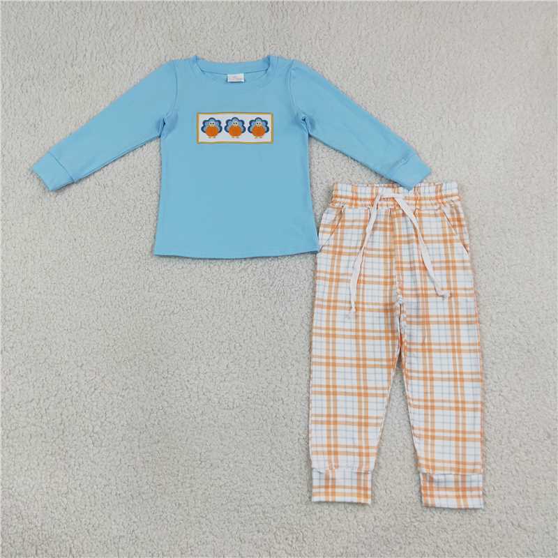 Sibling Kids Thanksgiving Three Turkeys Blue Top Plaid Pants & Plaid Baby Romper Collection