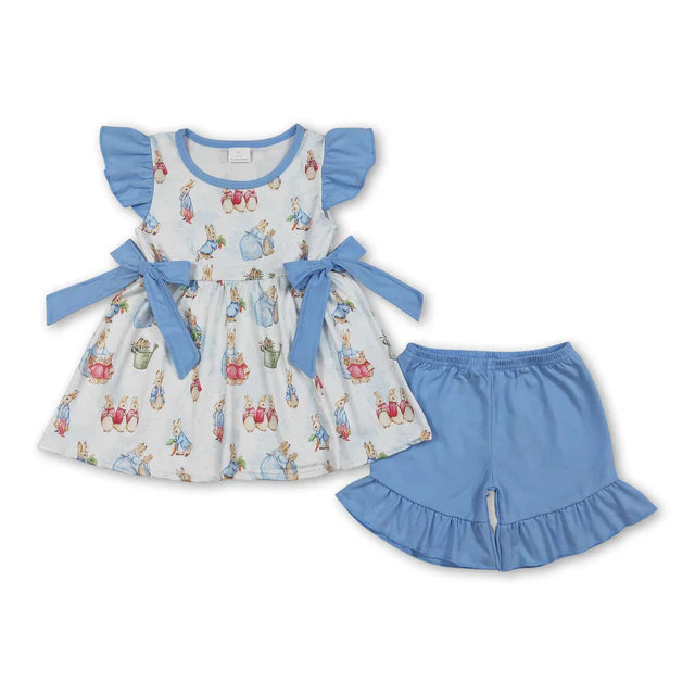 RTS NO MOQ Sibling Baby Girls Rabbit Eggs Tunic Ruffle Shorts Easter Clothes Set Knee Length Dress Rompers