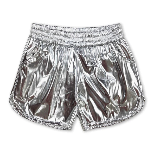RTS NO MOQ Sibling Baby Girls  Pockets Leather Metallic Elastic Bottom Shorts