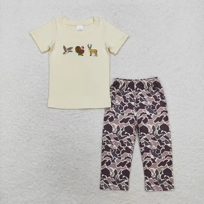 RTS NO MOQ Girls Boys embroidery short sleeve pants Sets