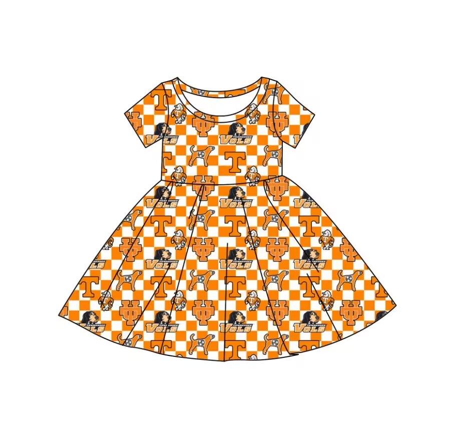custom moq 5 eta 6-7weeks Orange Plaid Puppy Letter Short Sleeve Dress