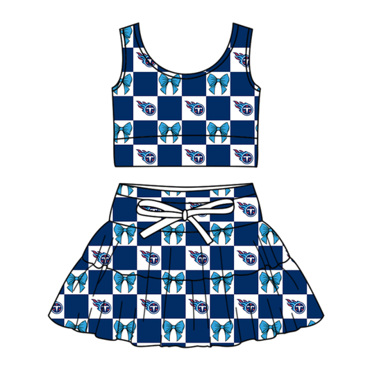 Custom moq 3 or 5 mix size milk silk summer teams baby girl clothes bow blue sleeveless skirts sets