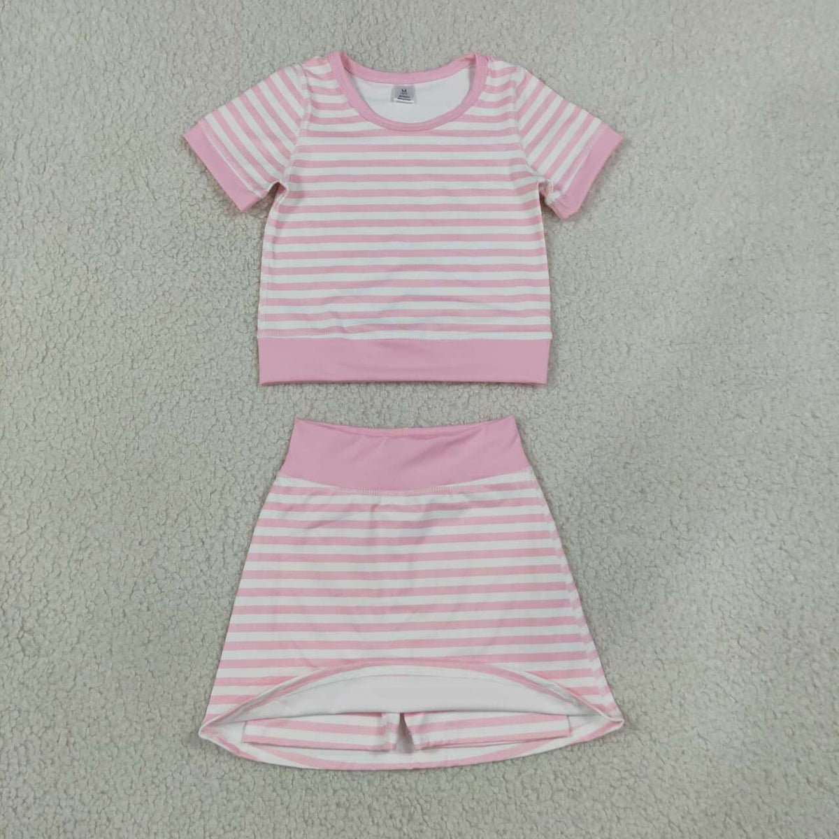 NEW RTS NO MOQ yoga fabric GSD4159 Yoga Baby Girls Light Pink Stripe Print Top Skort Shorts Yoga Active Set
