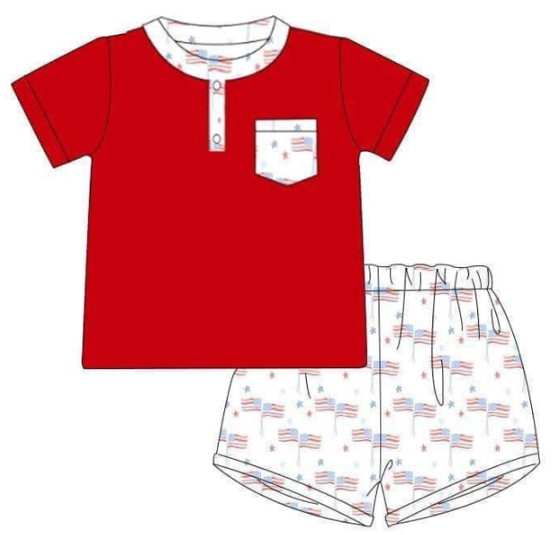 Deadline: May 29 custom no moq eta 5-6week Summer boys flag red short sleeve shorts suit