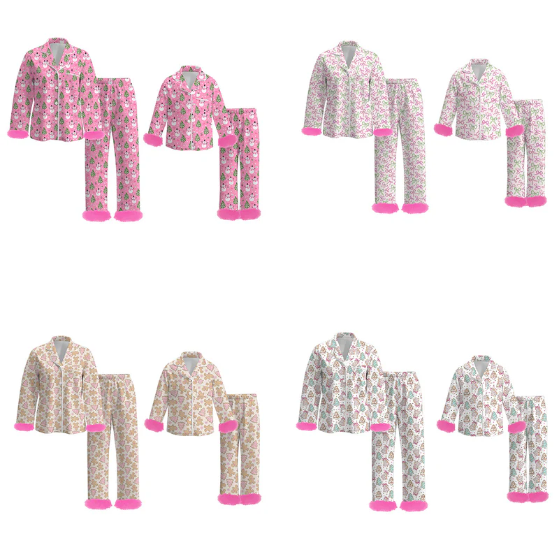 Custom moq 5 each style eta 6-7weeks Christmas bow baby girl long sleeve pant sets and adult sets