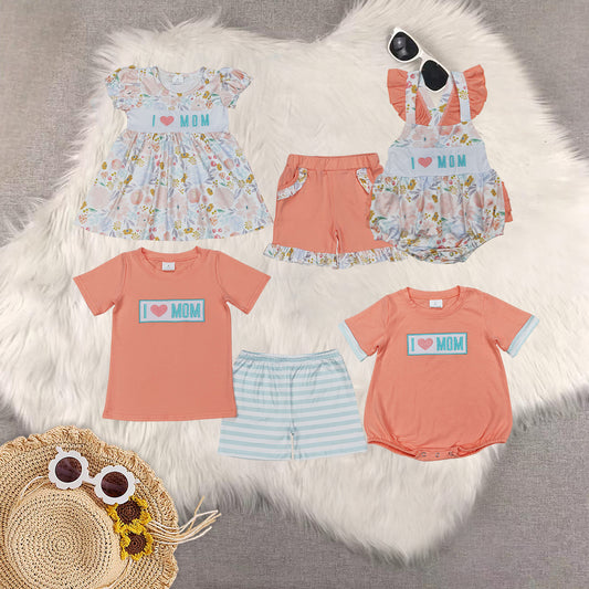 RTS NO MOQ baby girls clothes embroidery i love mom short sleeve Rompers Clothes Sets