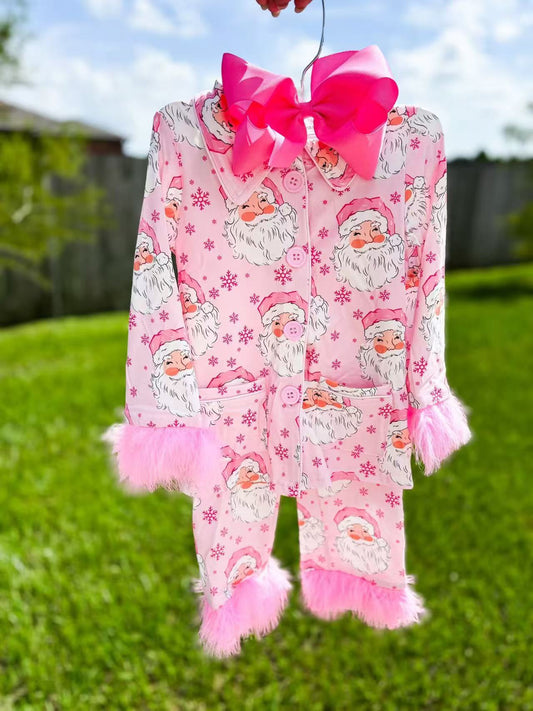 RTS NO MOQ Sibling Baby Girls Christmas Pink Plush Button Long Sleeve Long Pants Pajama Set
