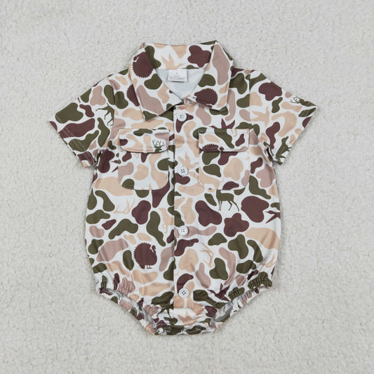 RTS NO MOQ（In Stock) Duck and Puppy Camouflage Pocket Button Collar Short-Sleeve Jumpsuit