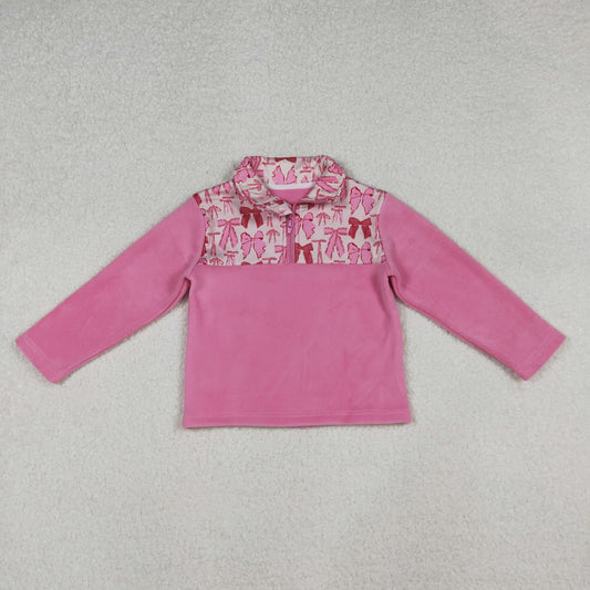 RTS NO MOQ（In Stock)fleece GT1149 Pink Bow Pattern Plush Zipper Long-Sleeved Top
