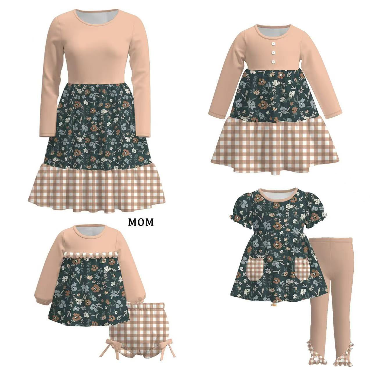 Custom moq 5 each style eta 6-7weeks baby girl short sleeve pants set and brief sets and dress and adult dress