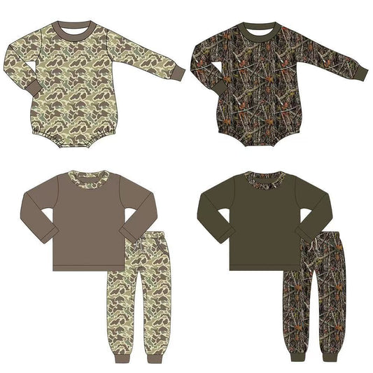 Custom moq 5 each style eta 6-7weeks baby girl clothes camouflage long sleeve pants set 2 and rompers 2-25.8.9
