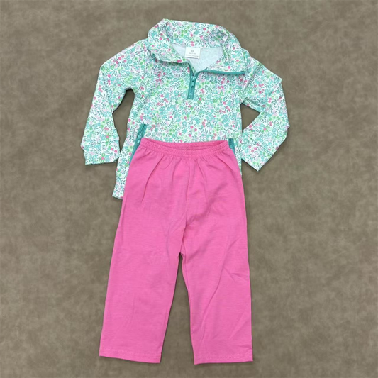 RTS NO MOQ（In Stock) GLP2414 Rose red long-sleeved zippered pantsuit with floral and leaf closure