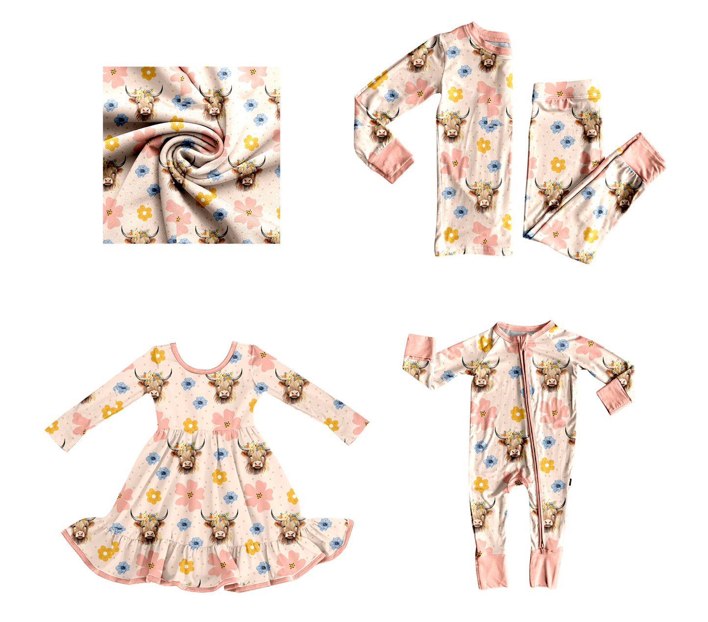 25.8.25 custom each style moq 5eta 4-6week Sibling Sisters Cow head floral baby girl long sleeve pants sets and dress and rompers match family design