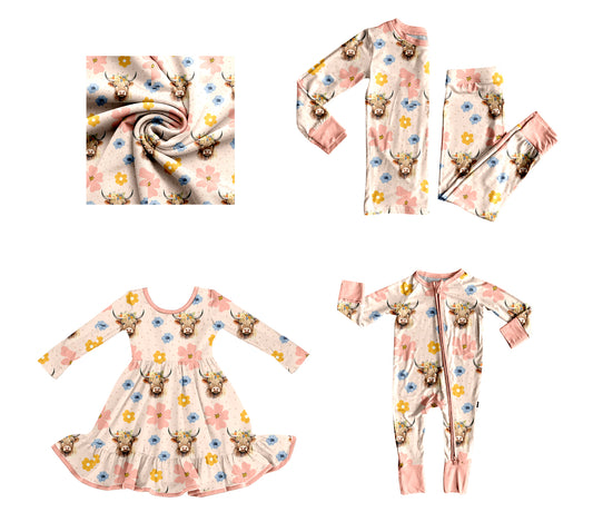 25.8.25 custom each style moq 5eta 4-6week Sibling Sisters Cow head floral baby girl long sleeve pants sets and dress and rompers match family design