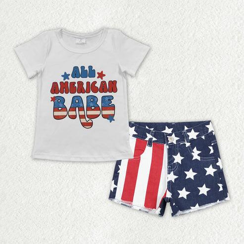 RTS NO MOQ Sibling Baby Girls 4th of July Outfit Set Top with Denim Pockets Shorts Clothing