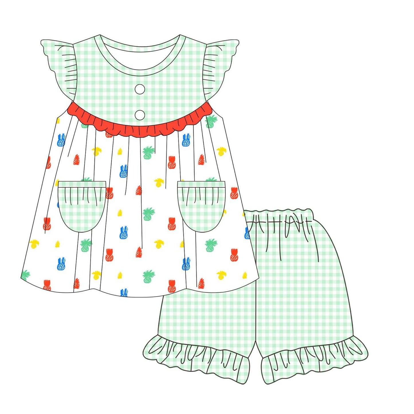 5.18custom each style moq 5eta 4-5week Sibling Sister Pineapple print green plaid red lace girls set and dress match family design