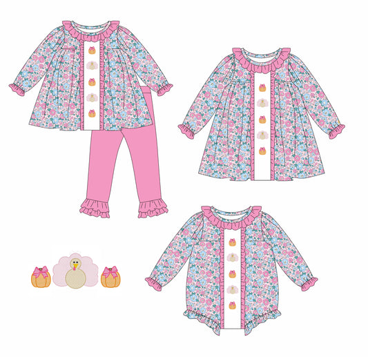 25.5.15 custom each style moq 5eta 4-6week Sibling Sisters pumpkin bow floral baby girl long sleeve pants sets and dress and rompers match family design
