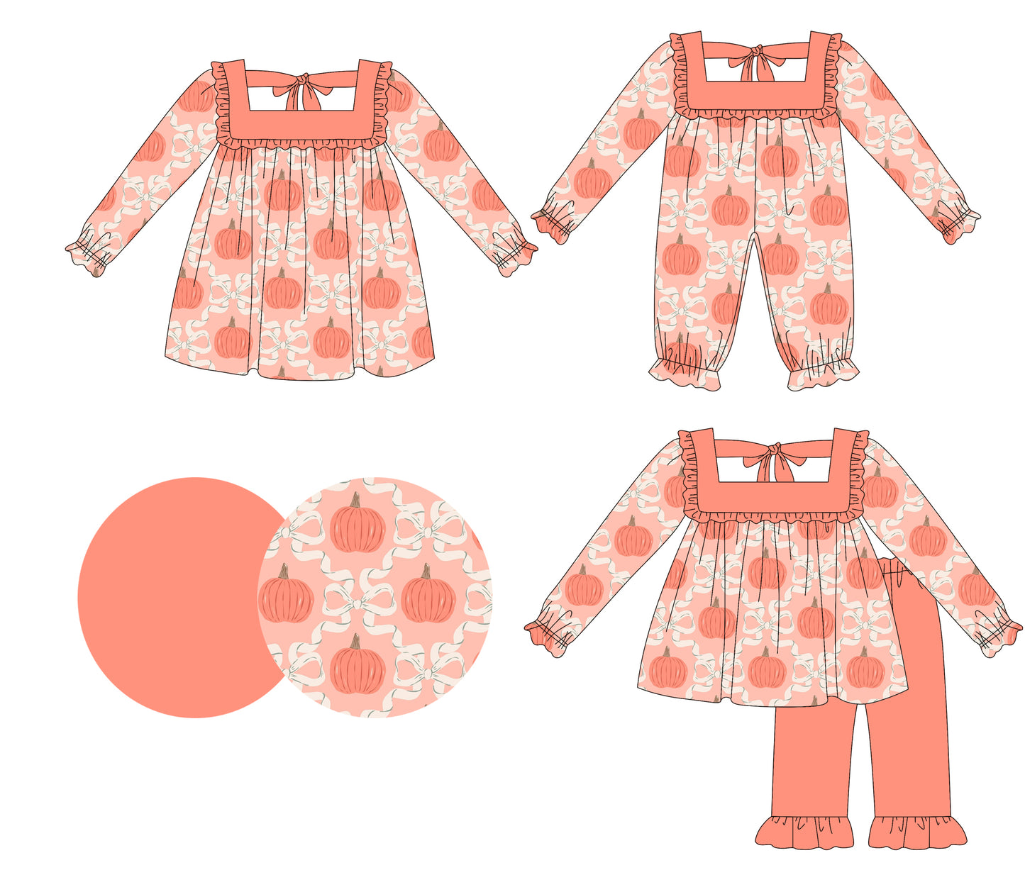 25.5.14 custom each style moq 5eta 4-6week Sibling Sisters bow pumpkin baby girl long sleeve pants sets and dress and rompers match family design