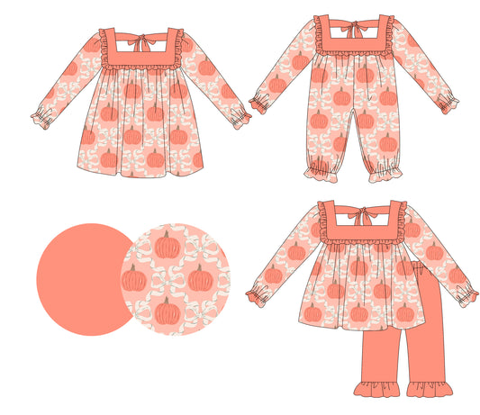 25.5.14 custom each style moq 5eta 4-6week Sibling Sisters bow pumpkin baby girl long sleeve pants sets and dress and rompers match family design