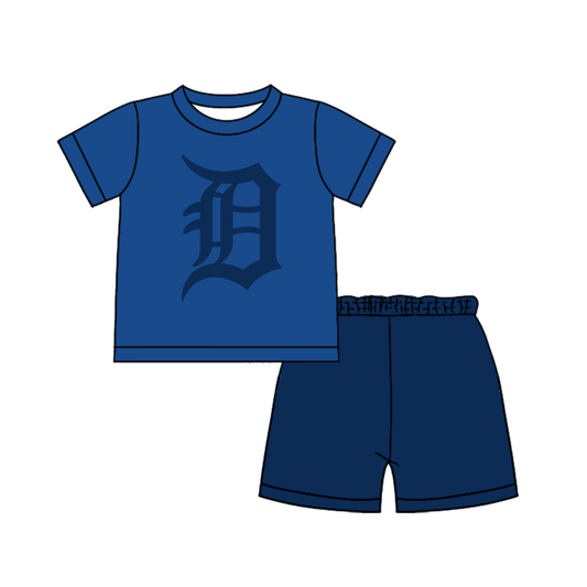 Custom moq 5 mix size milk silk summer teams Baby Boy's blue  Short-Sleeved O-Neck Top And solid color Shorts Set