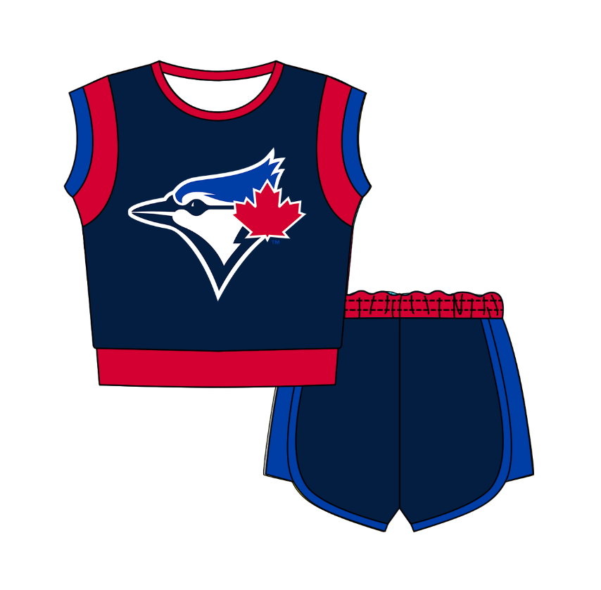 Custom moq 5 mix size milk silk summer teams Navy Blue Sleeveless O-Neck Top And Shorts Set Cute And Comfortable Kids' Outfit