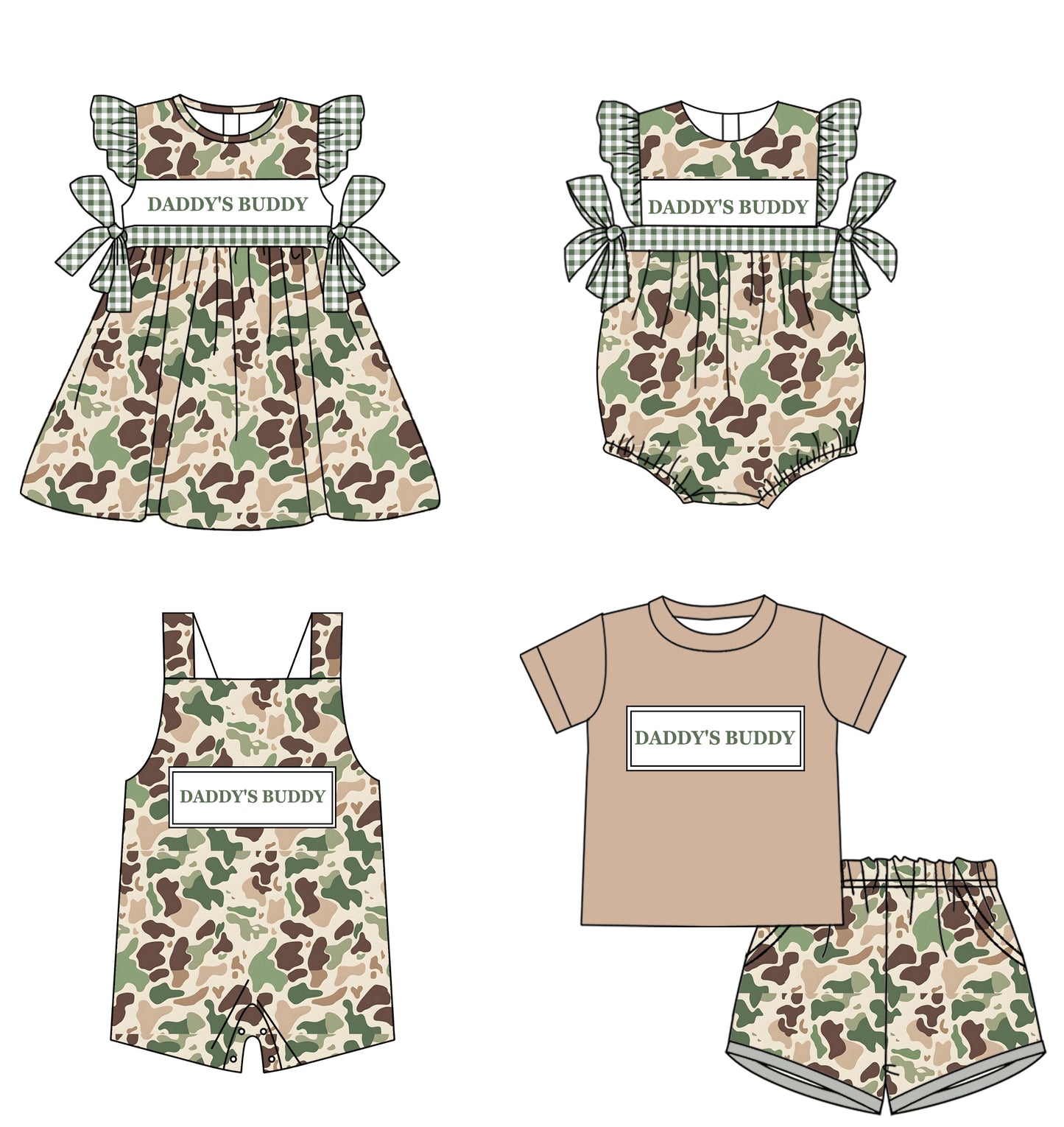 11.21 custom each style moq 5eta 4-6week Sibling Sister DADDY BUDDY camouflage baby boy short sleeve shorts sets and girls romper and boy romper and dress match design