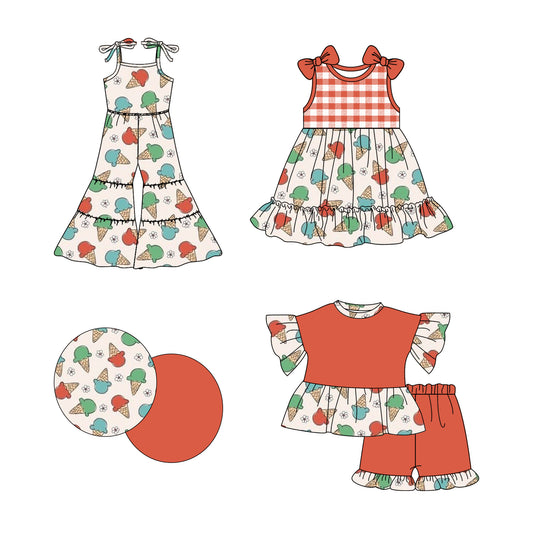 2.20 custom each style moq 5eta 4-6week Sibling Sister ice cream baby girl sets and dress and jumpsuit match family design