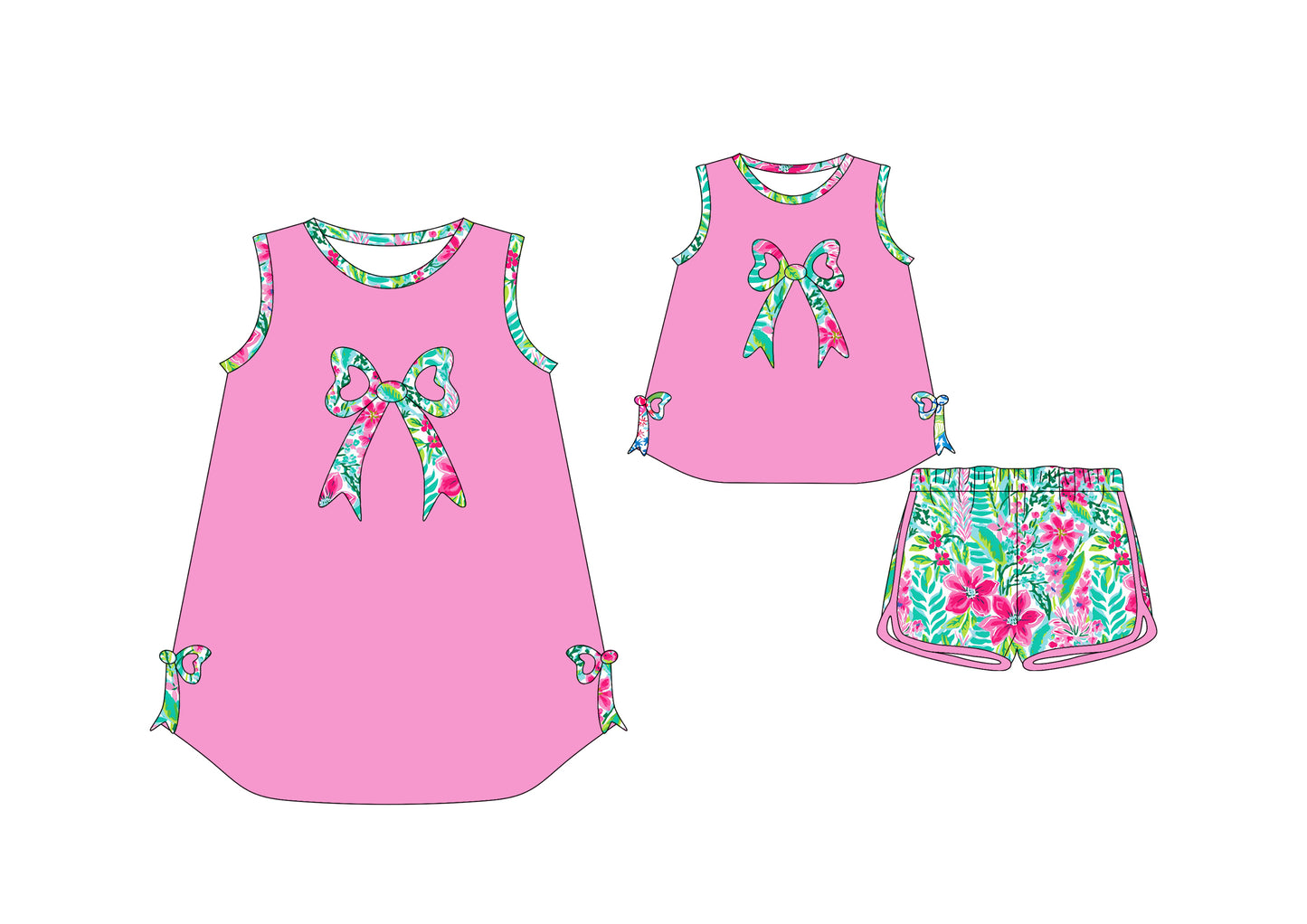 2.15 custom each style moq 5eta 4-6week Sibling Sister bow floral baby girl short sleeve shorts sets and dresses match design
