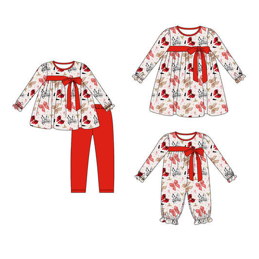 25.5.29 custom each style moq 5eta 4-6week Sibling Sisters Christmas bow baby girl long sleeve pants sets and dress and rompers match family design