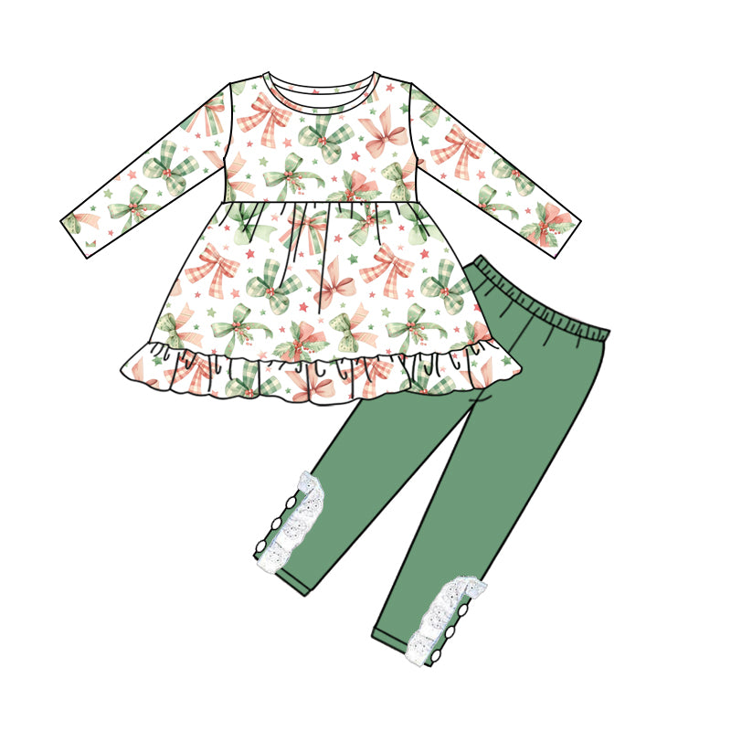 7.27 custom each style moq 5eta 4-6week baby girls clothes bow green long sleeve pants sets
