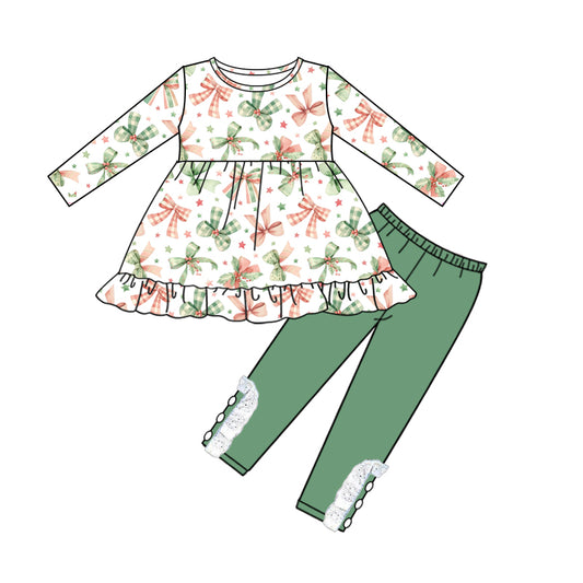 7.27 custom each style moq 5eta 4-6week baby girls clothes bow green long sleeve pants sets