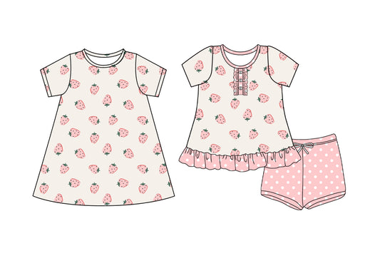 4.10 custom each style moq 5eta 4-6week Sibling Sister strawberry baby girl short sleeve shorts sets and dresses match design