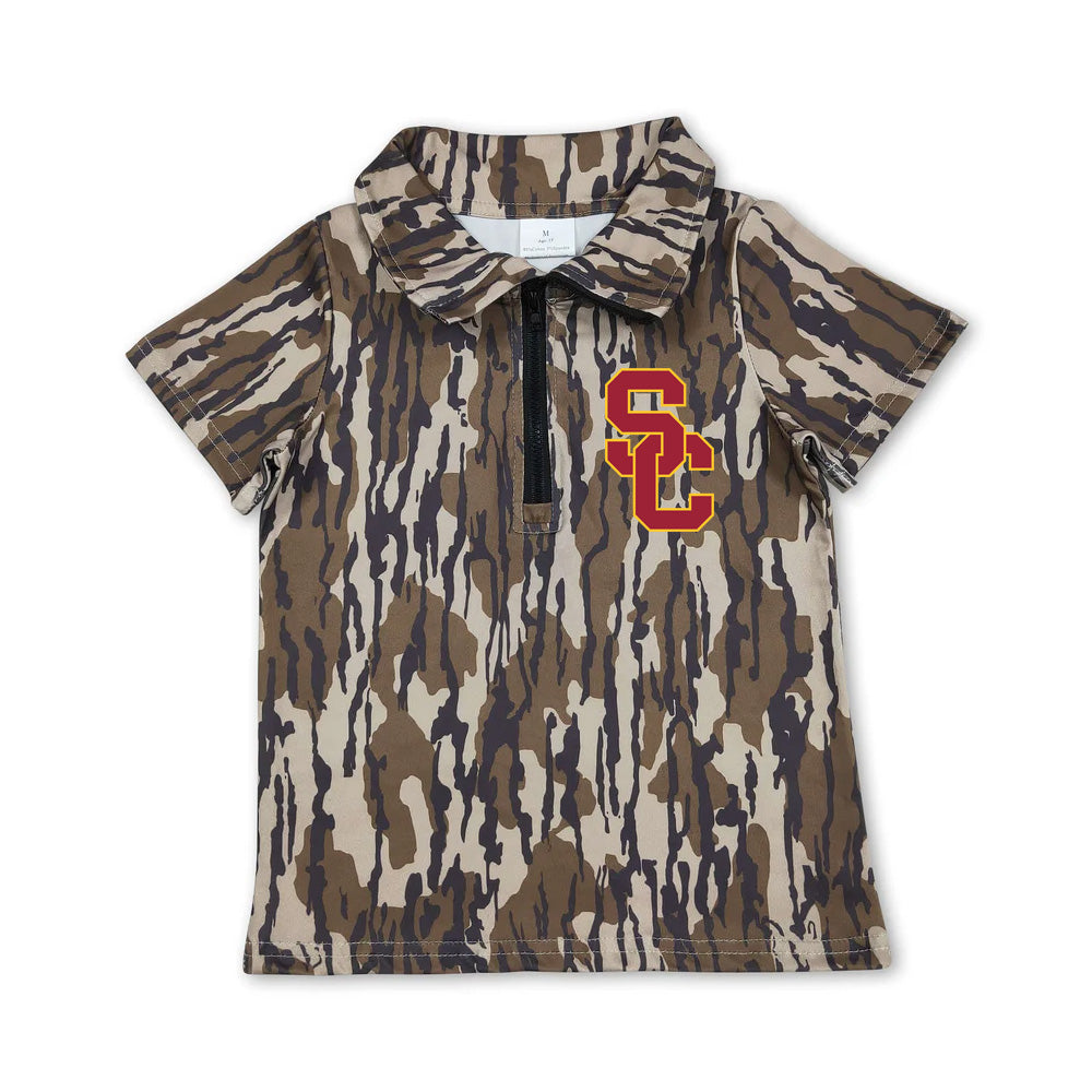 Custom moq 5 mix size milk silk summer teams Little Boys Olive Camo Short Sleeve Zipper Pullovers Top