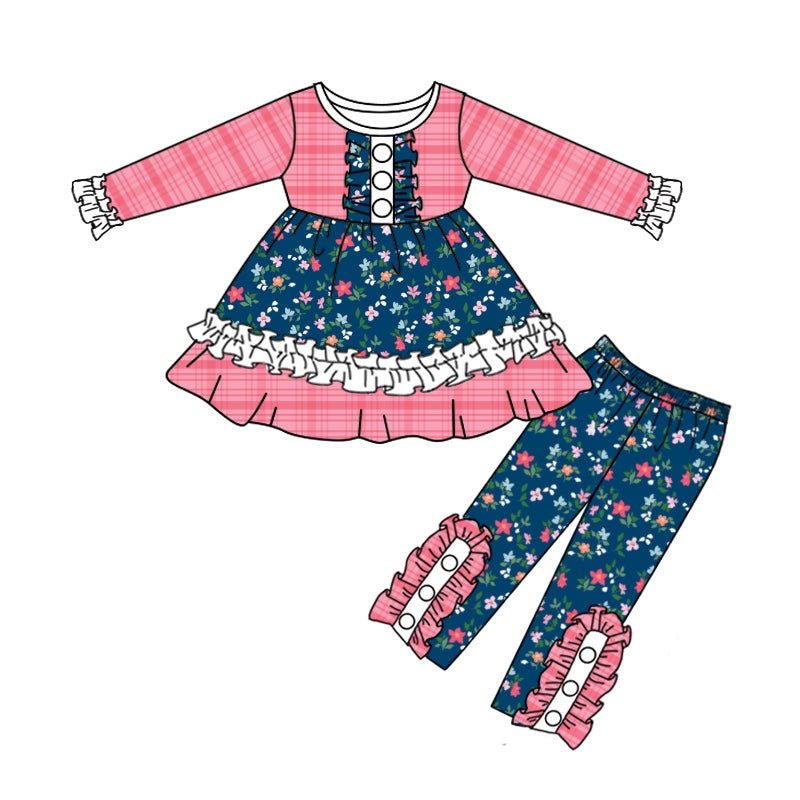 5.9custom each style moq 5eta 4-5week Sibling Sister Small florals print red-green girls set and baby romper match family design