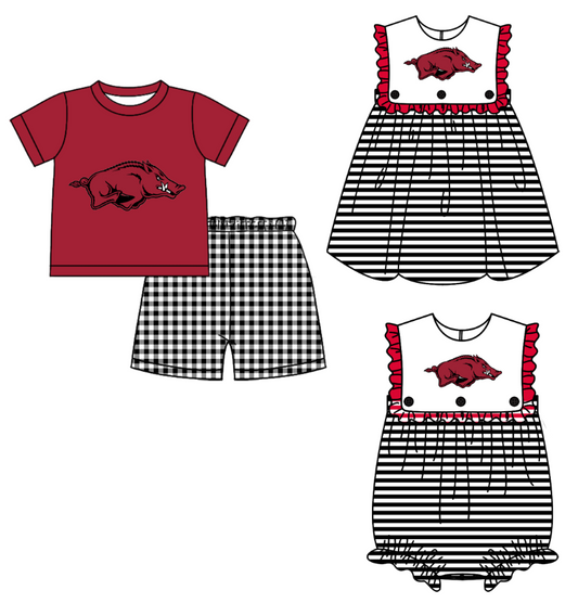 Custom moq 5 mix size milk silk summer teams Boy's red Short-Sleeved Top And Shorts Set Girl's Sleeveless Striped Dress And Romper