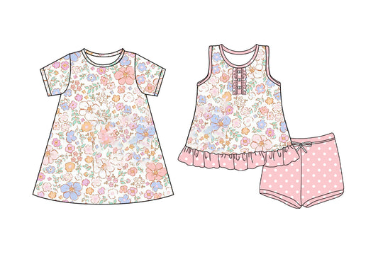 4.4 custom each style moq 5eta 4-6week Sibling Sister floral baby girl short sleeve shorts sets and dresses match design