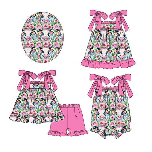 11.23 custom each style moq 5eta 4-6week Sibling Sister cow floral baby girl short sleeve shorts sets and dress and rompers match family design
